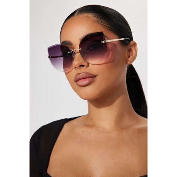 Catch Me Tonight Cat‎ Eye Frame Rimless Sunglasses Black - Picture 1 of 6